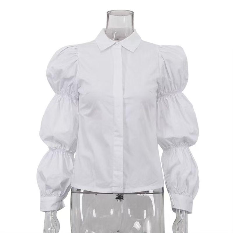 

Fashion Style New Arrival Cotton White Shirt Puff Sleeves Cardigan Polo Collar Top Bubble Sleeve Shirt White L