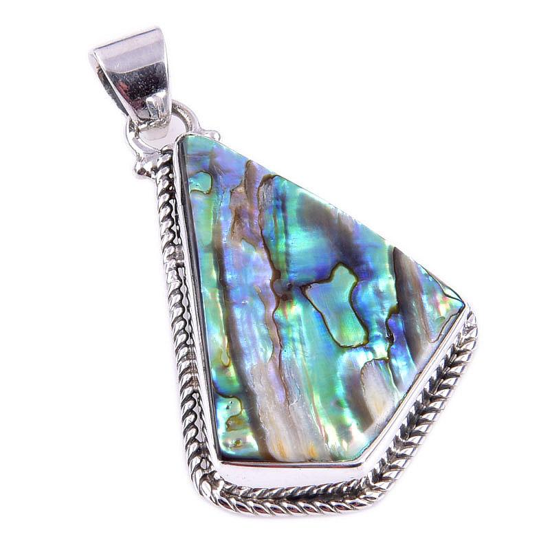 Natural Abalone Shell Gemstone 925 Solid Sterling Silver Gift Pendant 1.75" e5j26