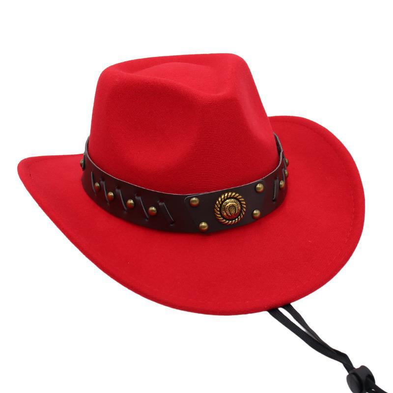 Western Cowboy Hat Tibetan Top Hat Felt Jazz Hat Rolled Edge Felt Hat Rivet Belt Buckle Metal