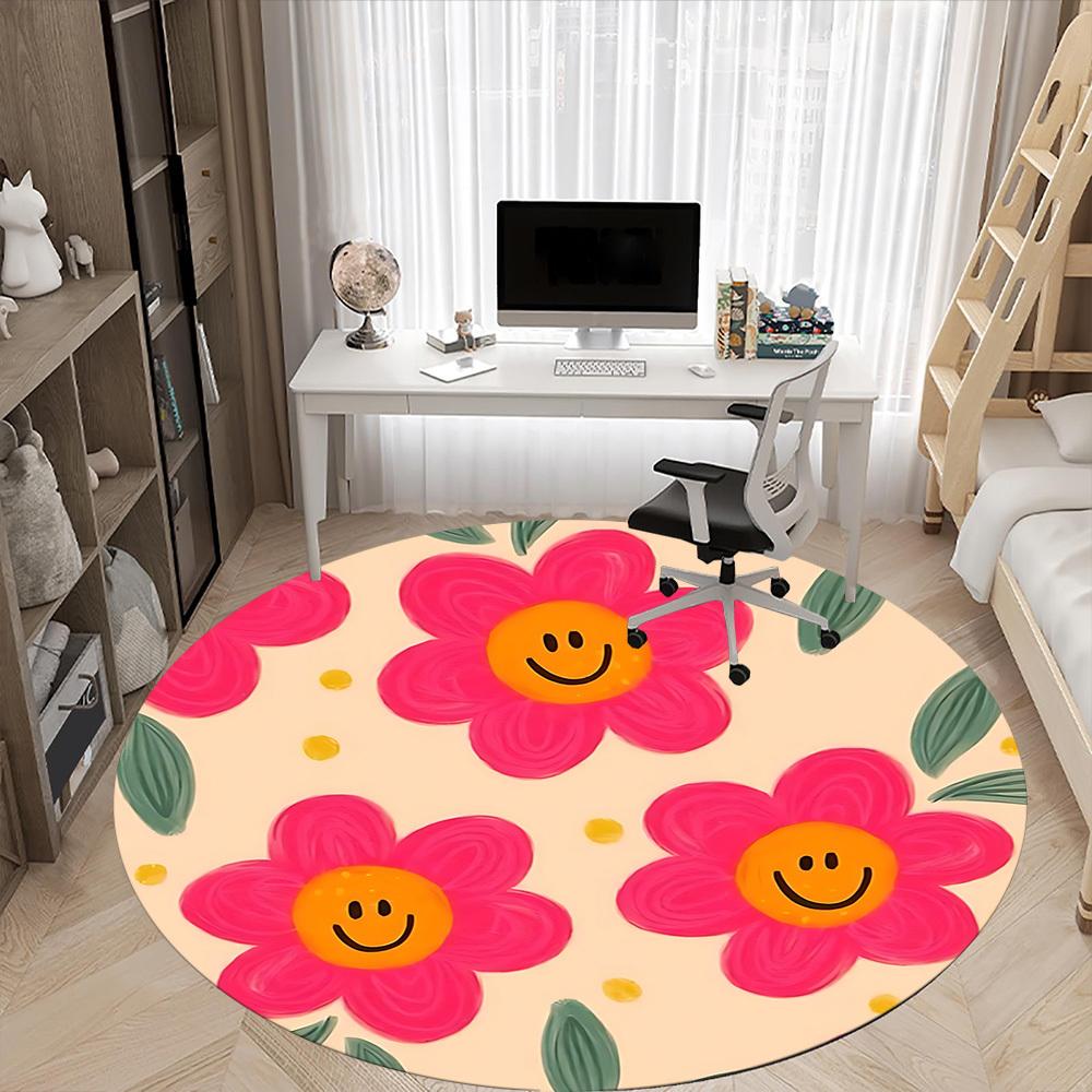 1pc Flower Smiley Office Round Rug, Non-slip, Soft and Durable Office Rug for Interior Decoration, Perfect for Office, Beautiful Decoration Yy26032407