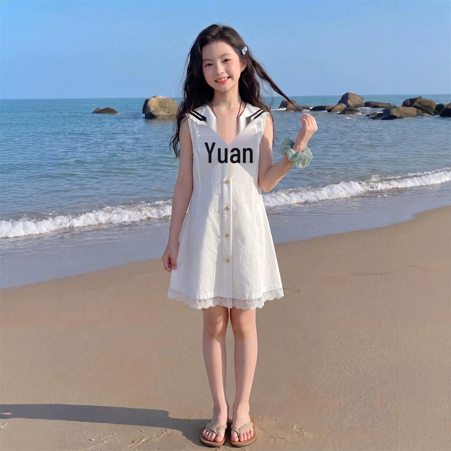Girls Summer White Bow Dress - Sleeveless Princess Beach Fashion 170cm