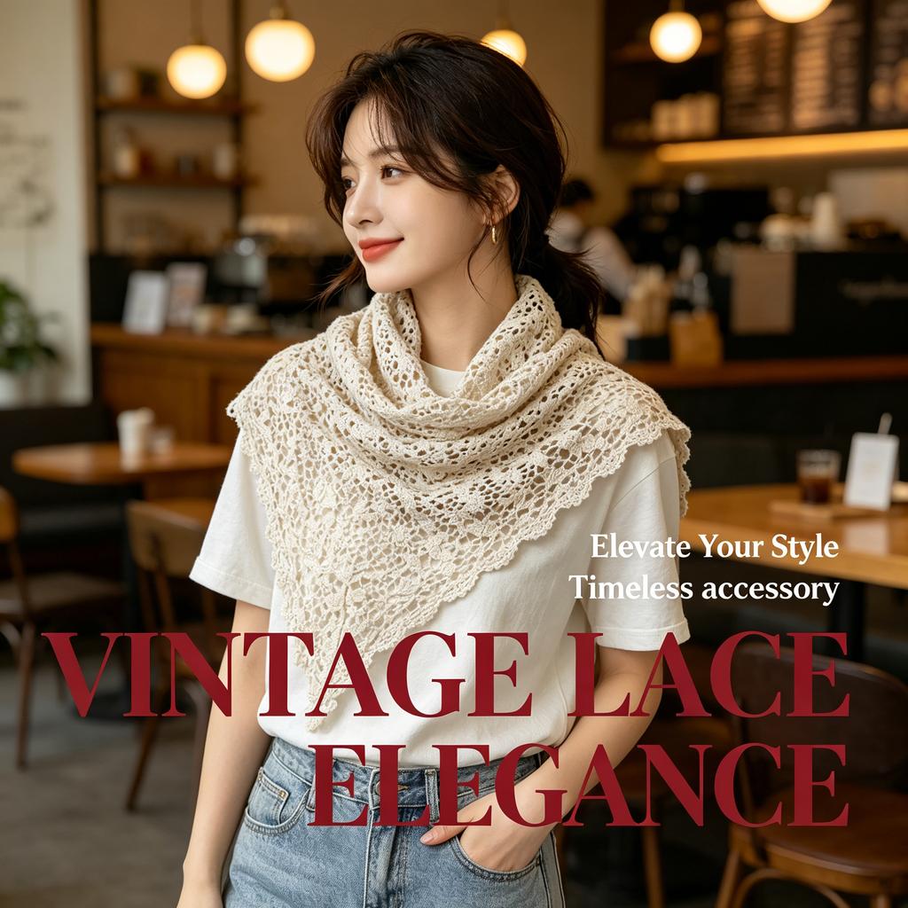 Pañuelo triangular de encaje calado estilo vintage para mujer, accesorio decorativo elegante