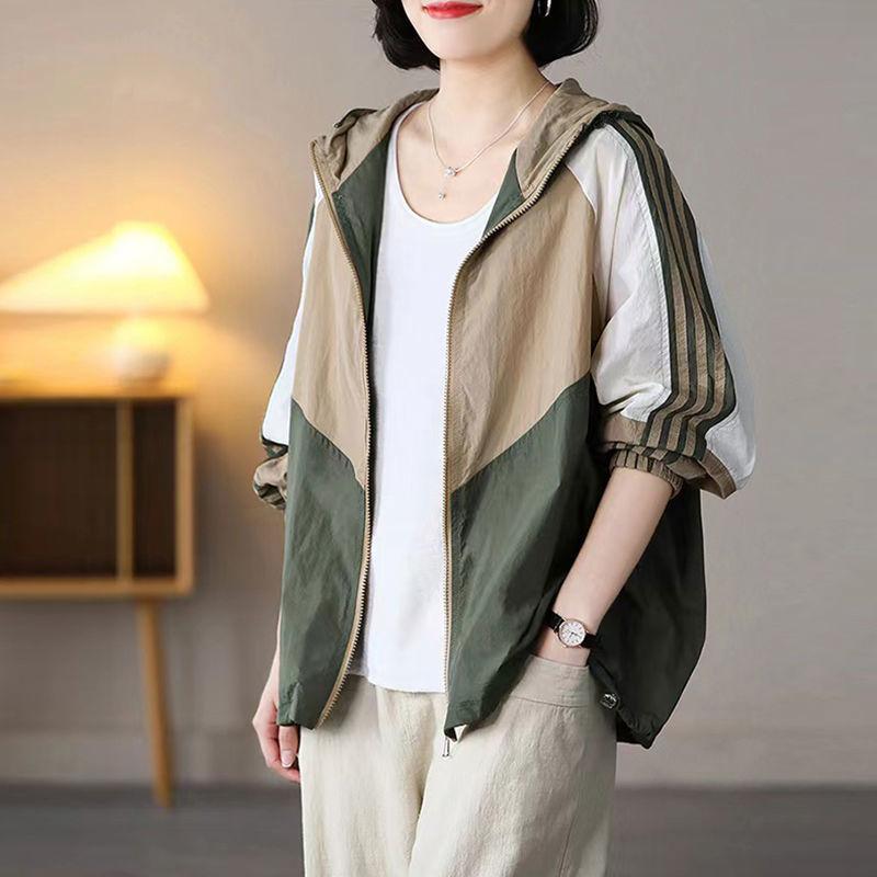 

Солнцезащитная куртка с капюшоном в стиле пэчворк с цветными блоками для женщин, женский кардиган с воротником-стойкой на молнии, летний тонкий солнцезащитный костюм 4XL зелёный