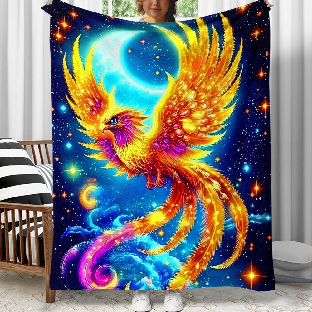 Phoenix Bird Mythical Creature Fleece Blanket Fantasy Art Throw Blanket Fire Wings Cosmic Background Soft Cozy Bedding Decor 75X95CM