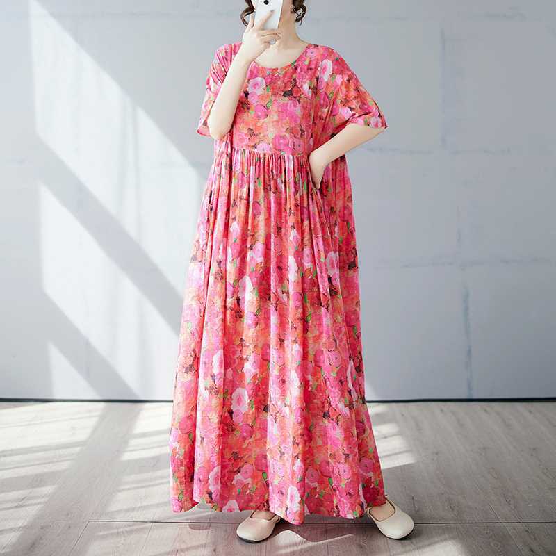 Simple and Fashionable Long Skirt Summer Short Sleeved Round Neck Printed Dress