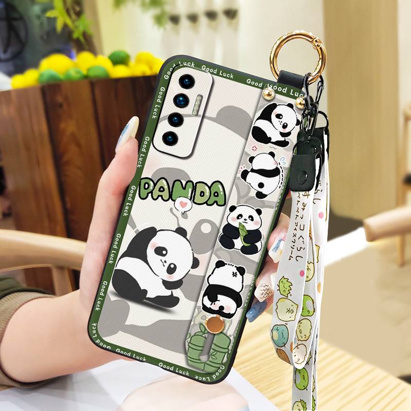 Fashion Design Cute Phone Case For Tecno Camon17P Phone Holder Cartoon Back Cover Shockproof Panda Silicone Ring Lanyard