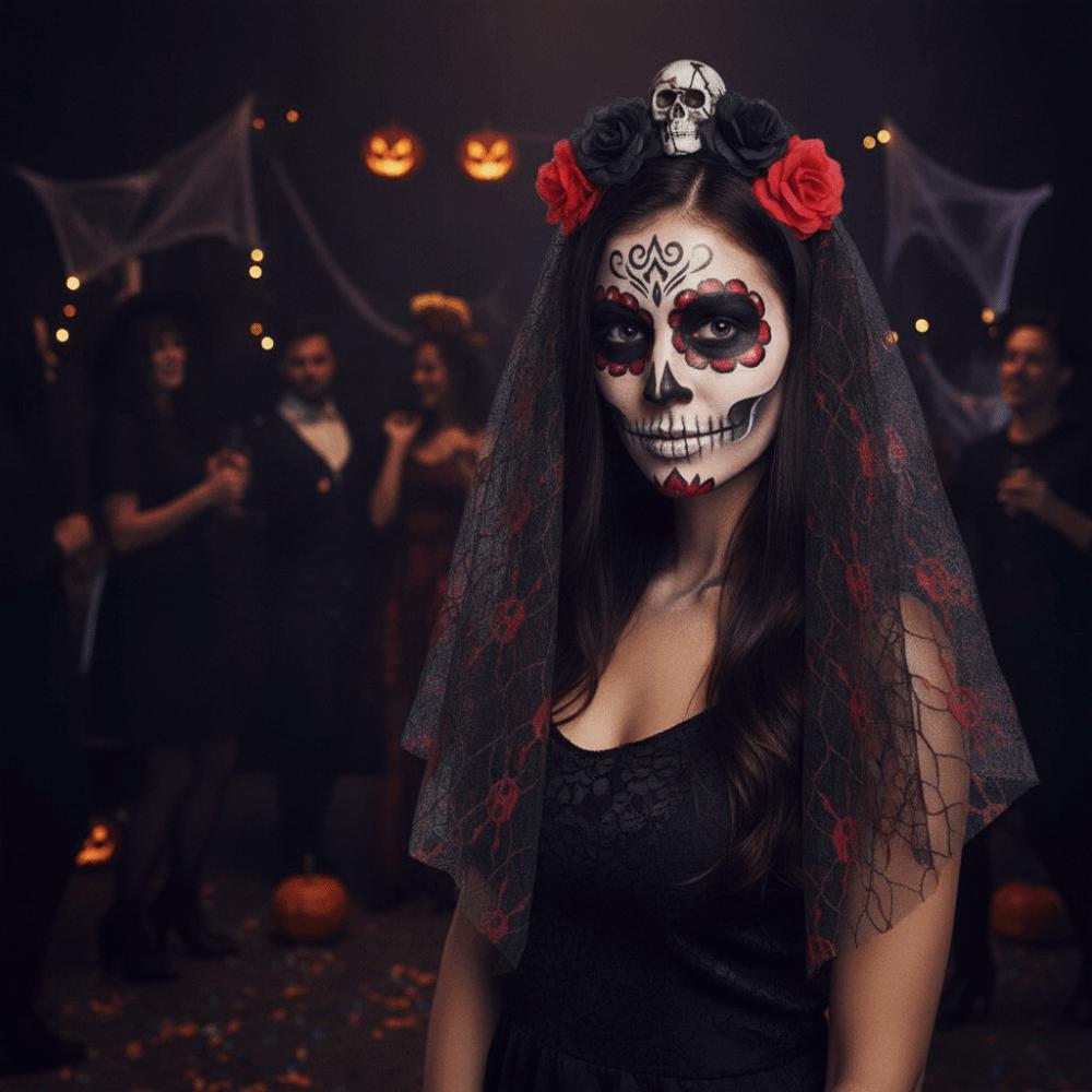 Simulation Rose Skull Mesh Veil Hairband Gothic Halloween Rose Headband  Women Accessories