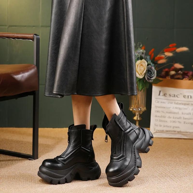 Johnature Thick Soled Short Boots Women's Genuine Leather Front Zipper Platform Boots