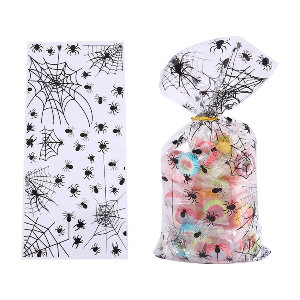50pcs/pack Spider Printed Halloween Cellophane Treat Bag Trick or Treat Cookie Bags  Halloween Decor