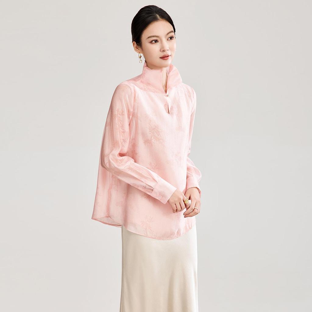 Elegant Silk Jacquard Stand Collar Shirt - Spring Style