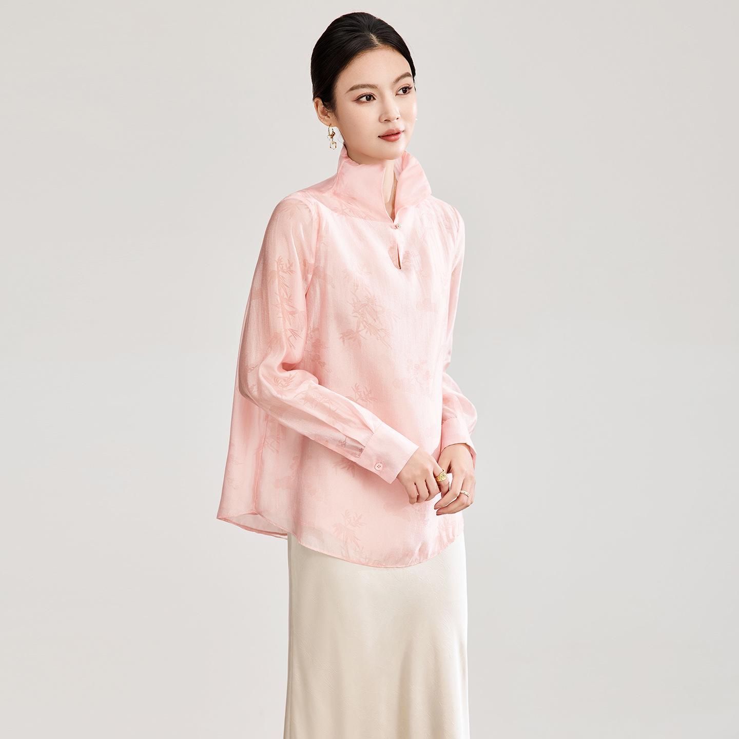 

New Chinese Style Elegant Silk Jacquard Stand-up Collar Double-layer Shirt - Spring Collection M рожевий