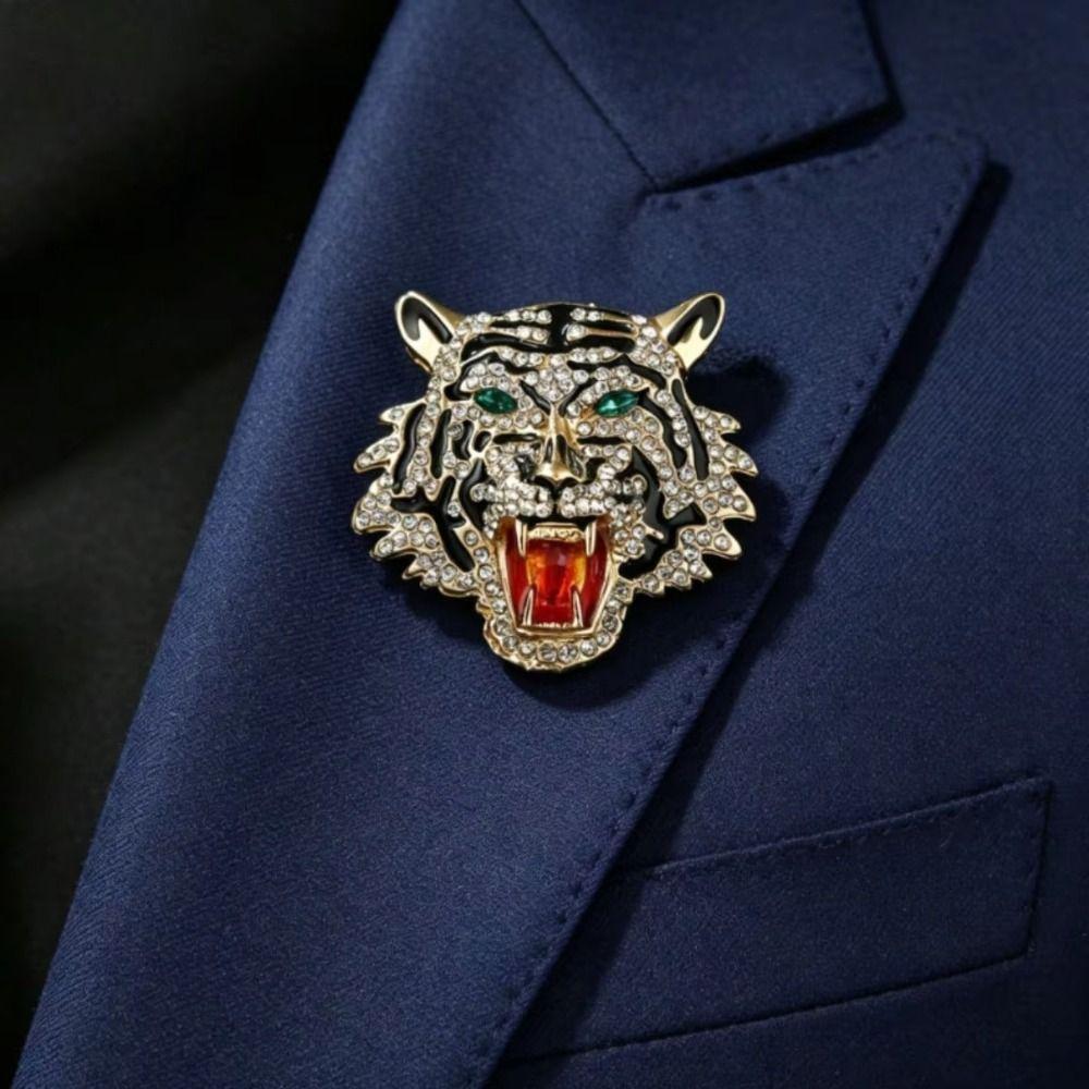 Rhinestone Tiger Brooches Roaring Animal Badge Backpack Tiger Head Pin Banquet Party
