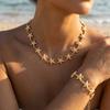 Bohemian Beach Textured Starfish Necklace Bracelet Set for Women Gold Color Metal Starfish Choker Bangle Holiday Party Zircon