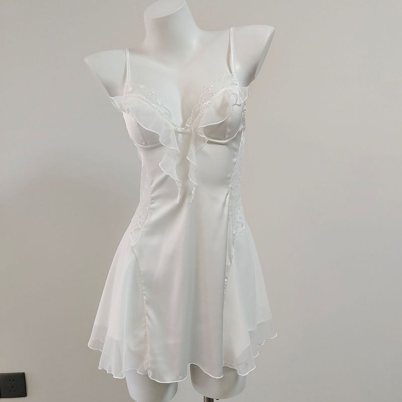 

Good Morning with You Flower-De-Luce French style Pure Desire Sexy Sling Ice Silk Pajamas Women Thin Lace Nightdress Summer White 165(L)