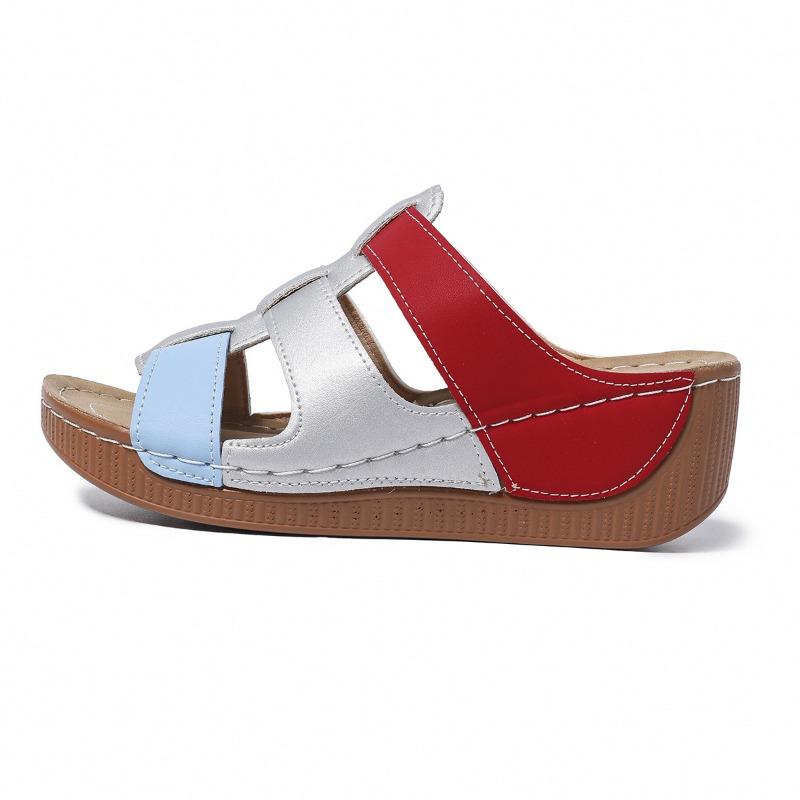 Color matching hollow thick-soled one-word slippers women's new sewing line slope heel beach cool slippers