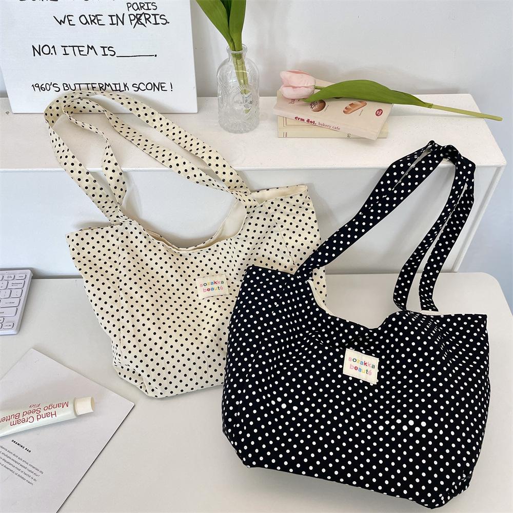55 Printed polka dot shoulder canvas bag Large capacity tote bag Commuter finishing storage bag Women's shoulder schoolbag