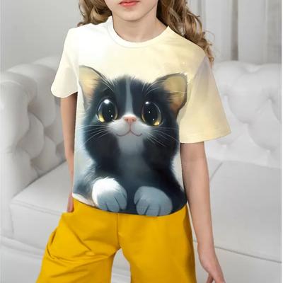 Mädchen Kleidung Niedliche Katze Lässige Bequemlichkeiten Grafik T-Shirts Druck Sommer Niedlich und Lustig Streetwear Mach ein Foto T-Shirt für Mädchen