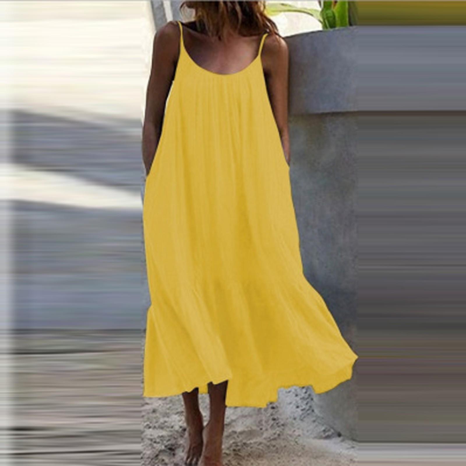 

Модное женское сплошное цветное длинное свободное платье без рукавов с рюшами на бретельках XXXXXL жёлтый