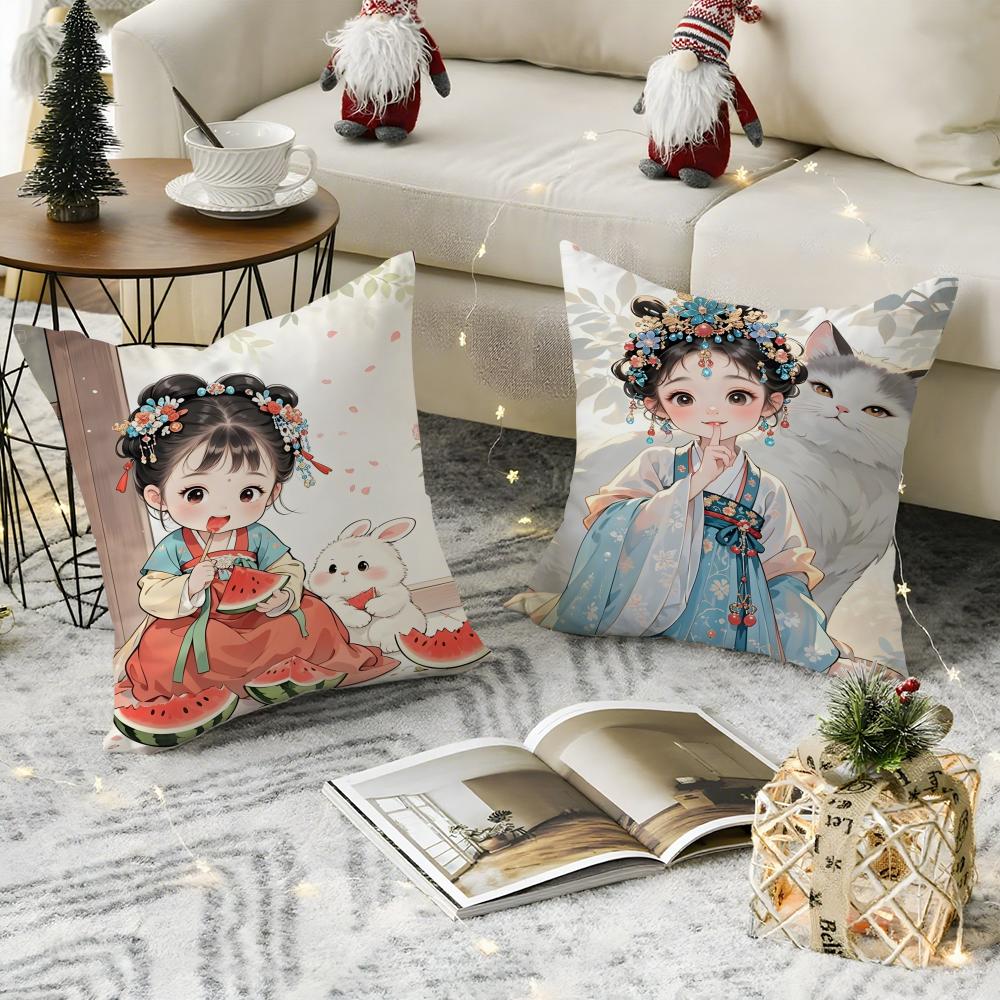 Eastern Aesthetics China Costume Girl 1 Pillow Case Natural Linen Pillow Case Double-Sided Decor Sofa Pillowcase Home Decor