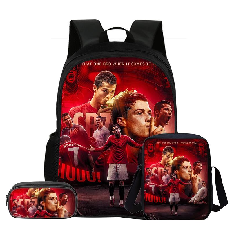 Set de 3 Piezas para Niños Mochila Estrella de Fútbol Estudiante Bolso de Hombro Escolar Bolsas para Lápices Ronaldo Mochila Escolar CR Mochila Mejor Regalo