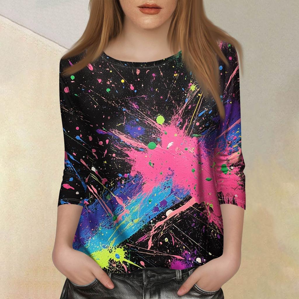 Women's Fashion Casual Seven Sleeve Printed Round Neck T-Shirt Top