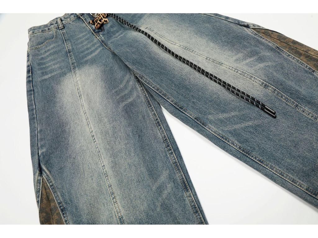 Jeans de Perna Larga Patchwork com Patch de Estrela Leopardo Outono 2025
