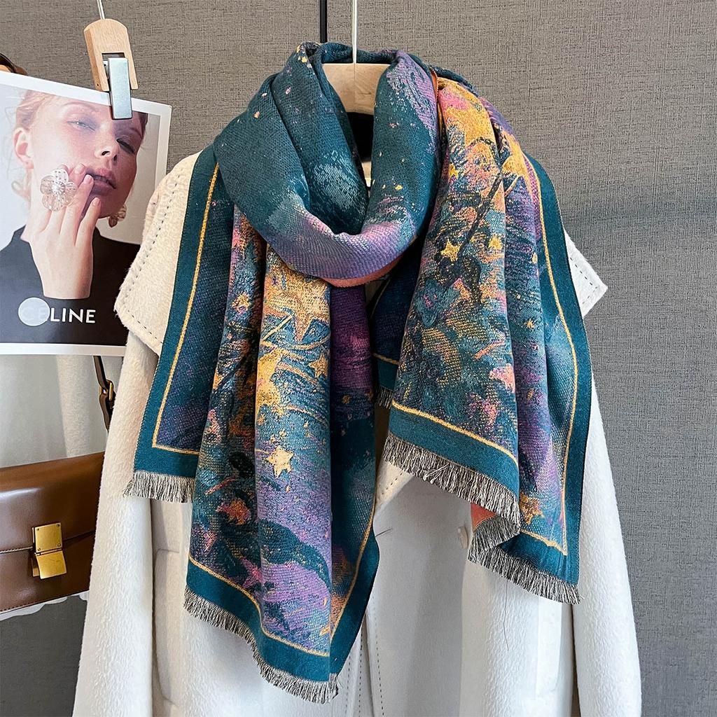 Autumn New Plant Flower Print Scarf Autumn and Winter Imitation Cashmere High-end Warm Scarf Shawl Women