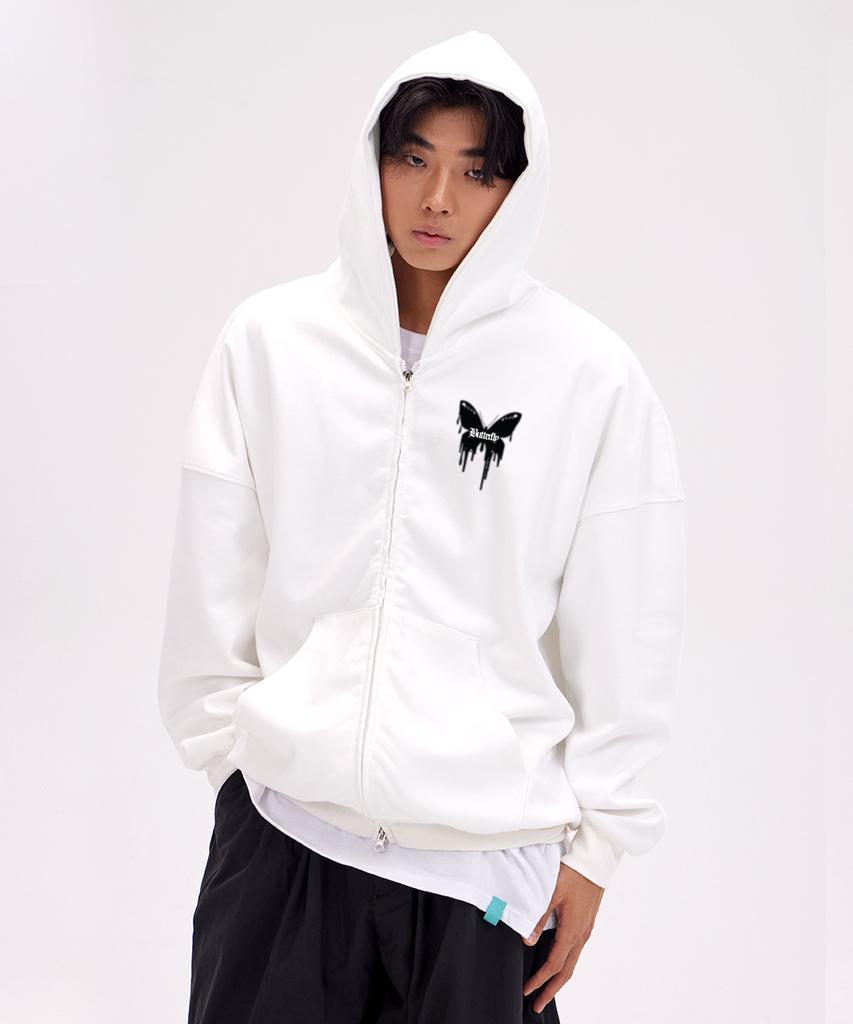 Astral Projection Butterfly Oversized Wide Shoulder Zip-Up Hoodie_White