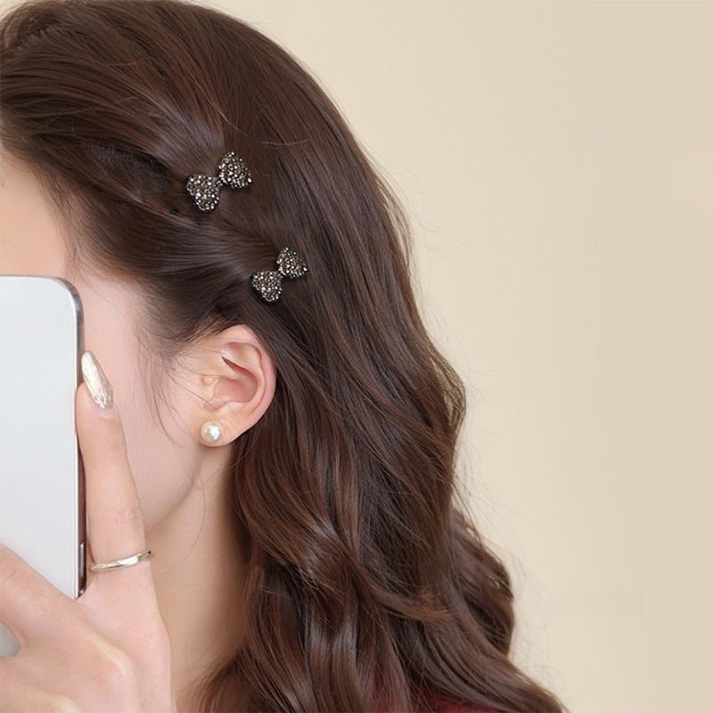 Mini gray rhinestone bow hairpin side clip light luxury high sense forehead broken hairpin cute small clip hairpin