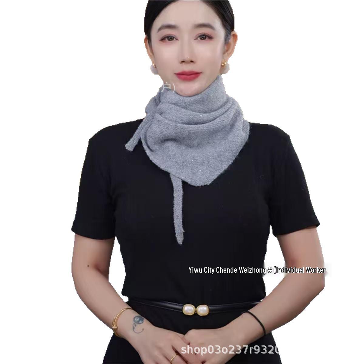 2025 Korean Autumn Knit Sequin Women s Fashion Triangle Scarf хаки
