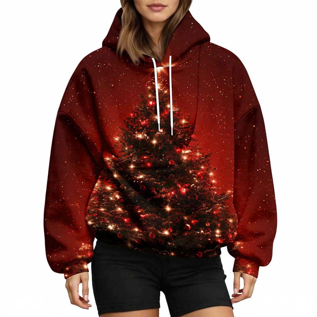 Damen Mode Weihnachtsdruck Hoodie mit Haustier-Tasche, Lässiger Pullover für Feiertagskleidung
