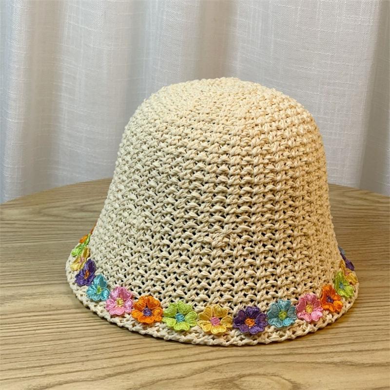 Crochet Bucket Hat with Flower Decals Summer Spring Bucket Hat Crochet Floppy Hat for Adult Teen Hat Knitted Sun Hat