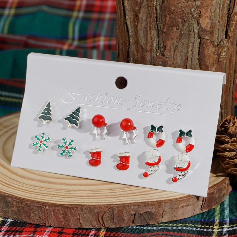 

6 Pairs Christmas Combination Earrings Set for Women Shiny Zircon Xmas Tree Snowflake Santa Claus Stud Earring Party Jewelry