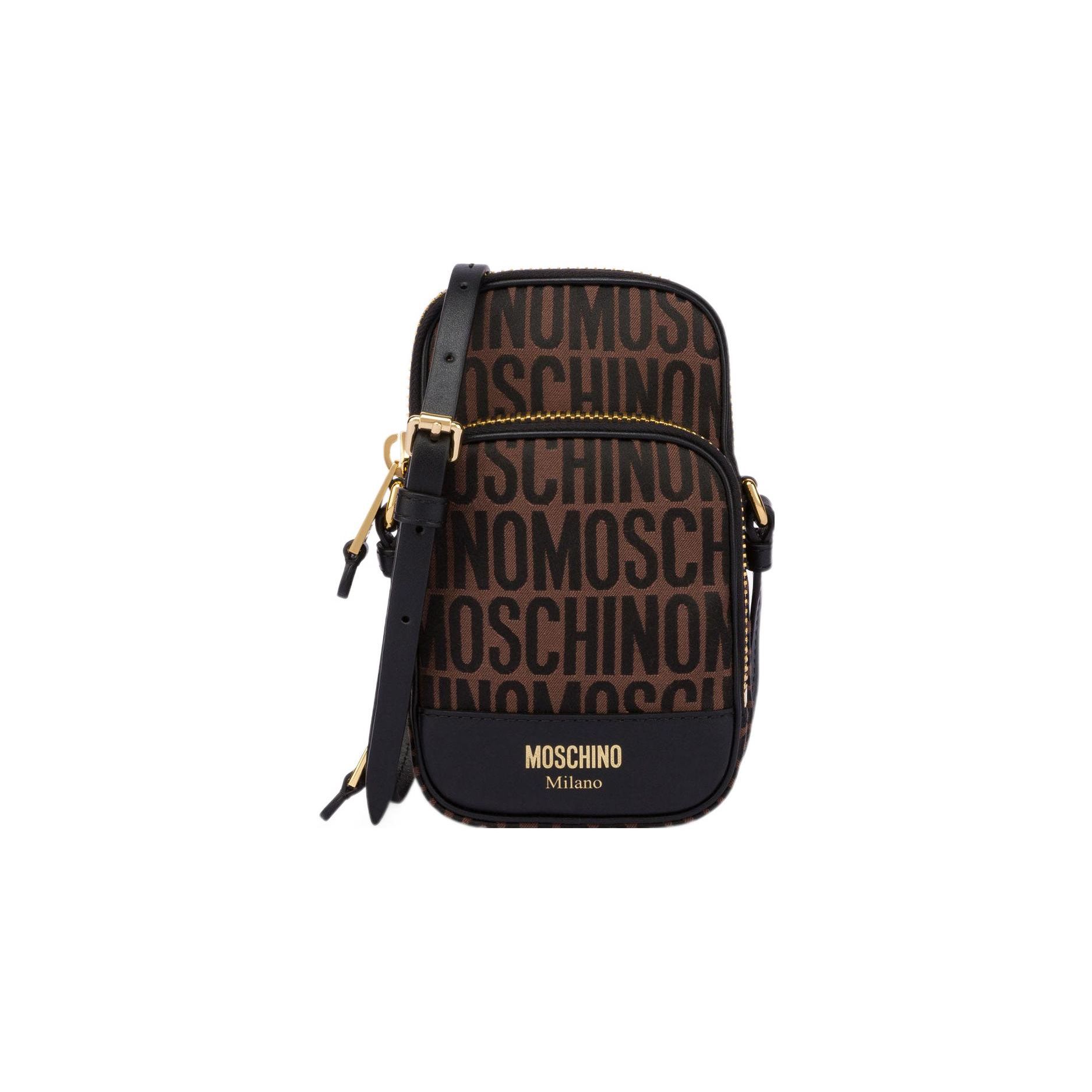Moschino Gold Logo All Over Print Zipper Pocket Cotton Polyester Shoulder Crossbody Phone Bag Men bags Brown Black A81018268-1103 Basic Set BagDust Bag 31370₽