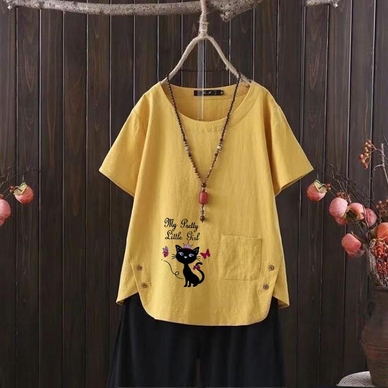Moda Donna Maglietta Estiva Casual a Maniche Corte Larghe con Stampa Gatto Nero Blusa Estiva Top