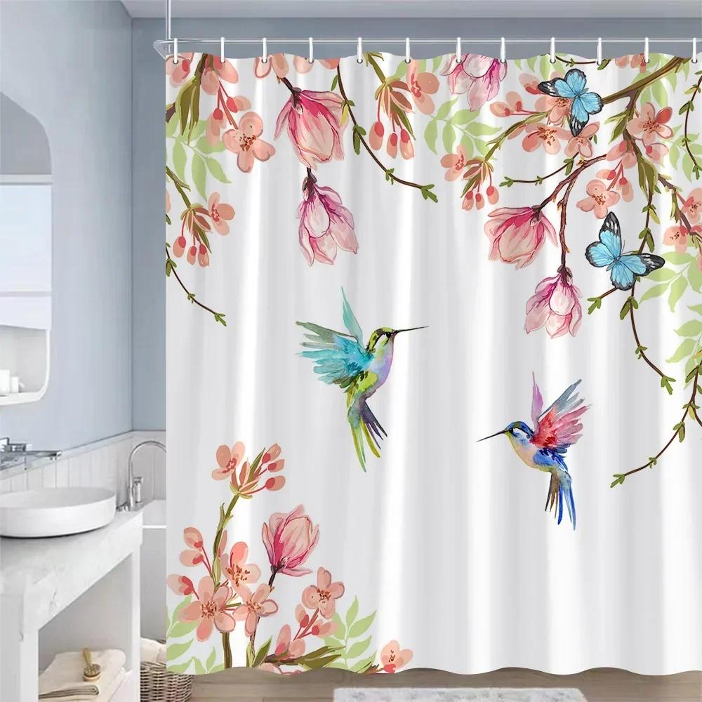 Spring Floral Hummingbird Shower Curtain for Bathroom Watercolor Flowers Birds Fabric Bath Curtains Modern Art Decor with Hook