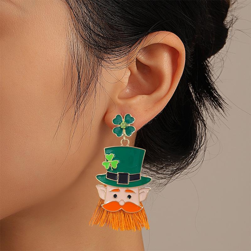 Cross-Border St. Patrick's Clover Tassel Earrings with Irish Hat Design