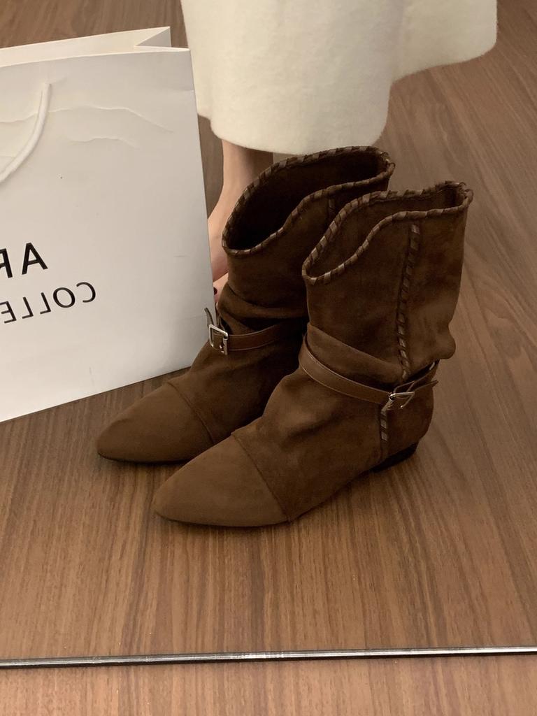 Retro pleated belt buckle pointed pile boots women's new inner height increase versatile comfortable western cowboy boots