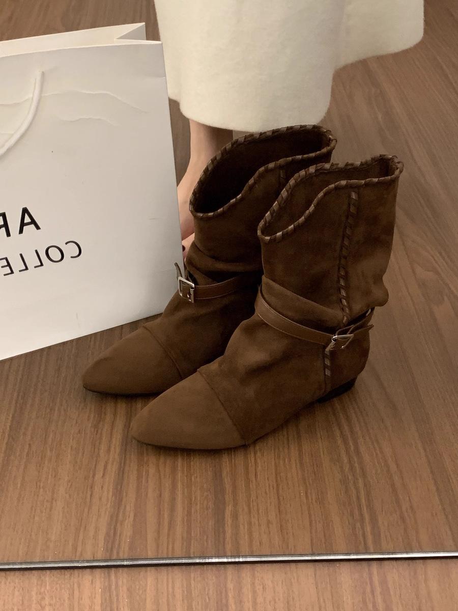 

Ретро плиссированная пряжка ремня остроносые ботильоны женские новые с внутренней платформой универсальные удобные ковбойские сапоги в западном стиле 40 коричневый