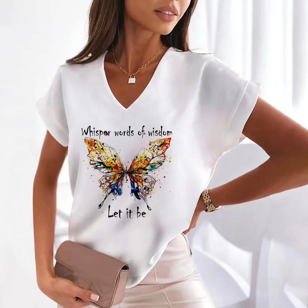 Summer Women T-shirt Butterfly Graphic V-Neck Tops Tees Female Fashion Trend Short Sleeve Clothing Ladies Daily Casual Outfit