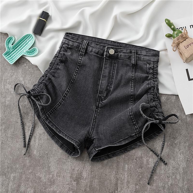 High-Waist Elastische Jeans-Shorts: Damen 2022 Sommer Schlank geschnitten A-Linie Kordelzug Weites Bein Design