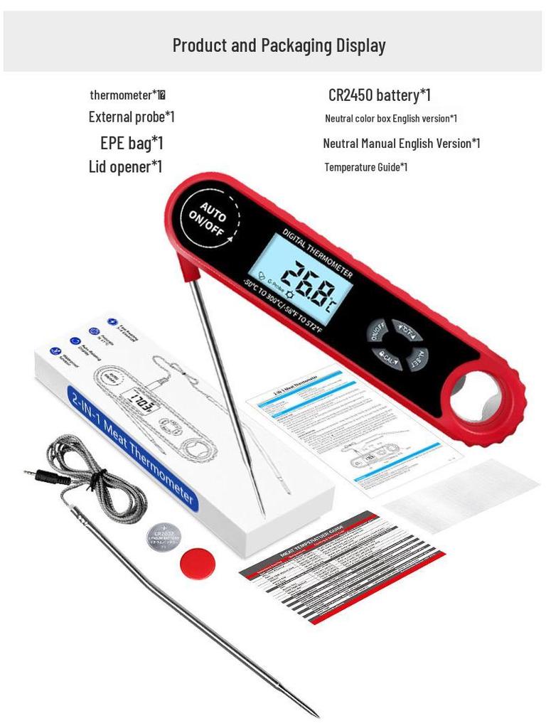 2024 Dubbelsond Vikbar Digital Kökstermometer - Självroterande BBQ- & Mattermometer