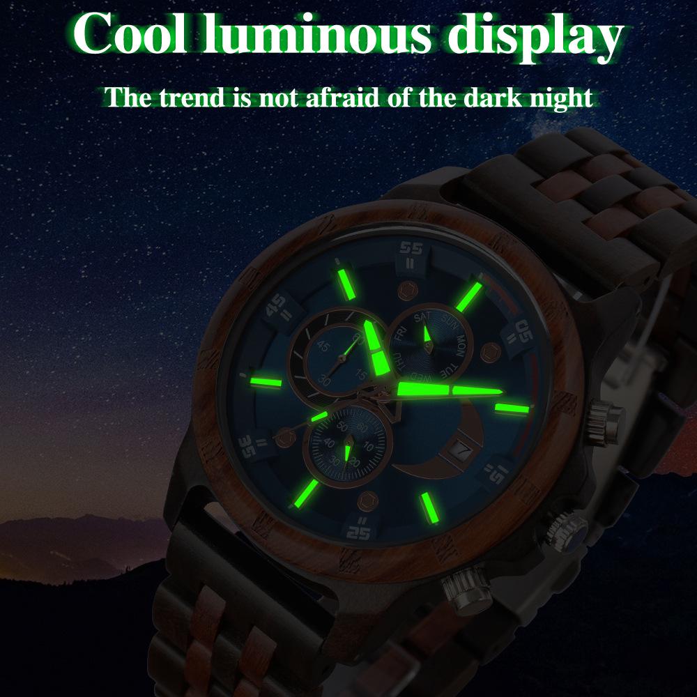 Men's Quartz Wooden Watch with Luminous Multifunctional Large Dial