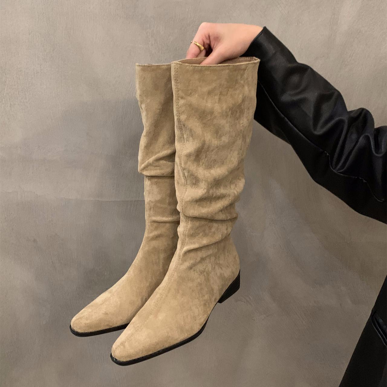 

Высокие сапоги с острым носком, женские, на среднем каблуке, замшевые, массивные, хлопковые, женские, тренд 2024 года, готические, челси, высокие туфли-лодочки, туфли Botas Mujer 35