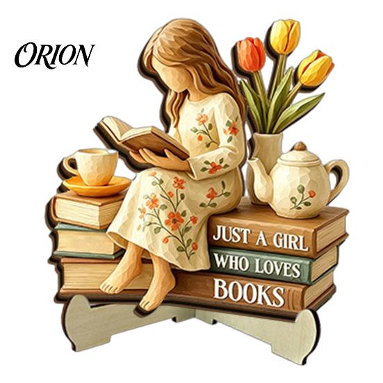 Warm Home Decor Accent Piece Wooden Reading Girl Figurine, Stable Pastoral Style Statue Desktop Artistic Ornament for Shelves Decor, Healing Ornament,