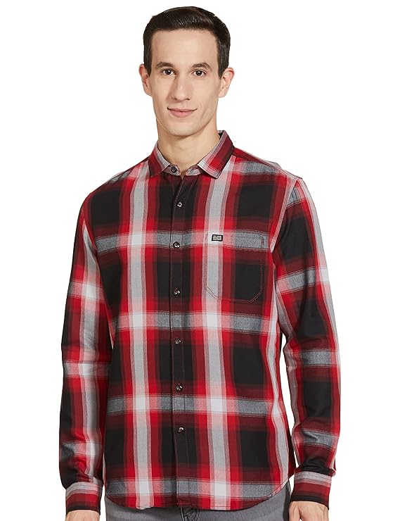 Men Slim Fit Checkered Full Sleeves Spread Collar Casual Shirt S