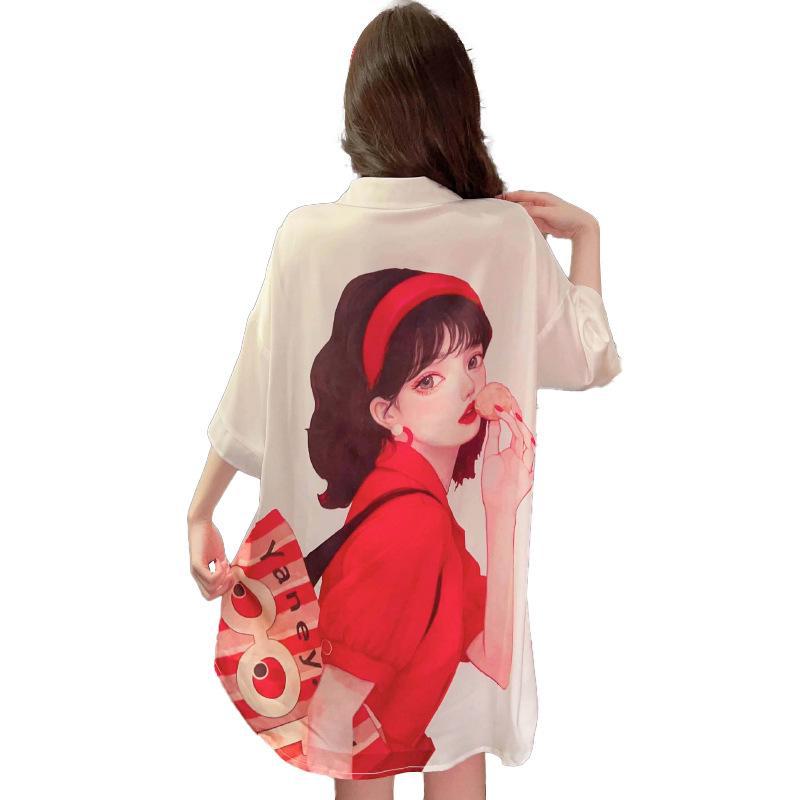Japanese Ice Silk Red Print Nightdress - Sexy, Lightweight, Summer-Ready Pajamas for Women