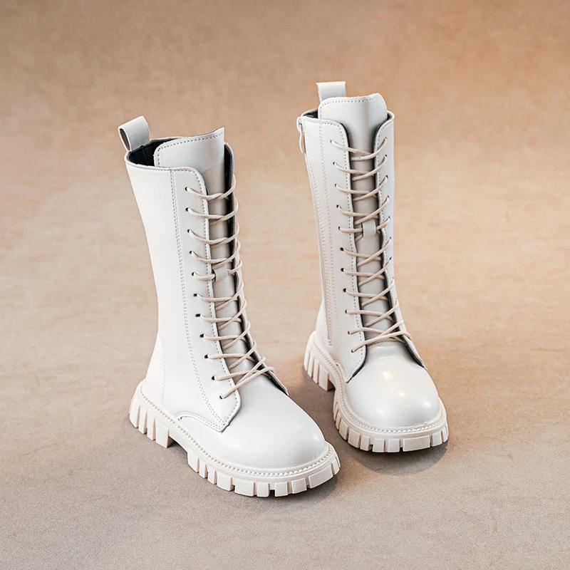 Elegant Zipper Baby Girl Fashion Boots Autumn/ Winter Warm Thick Sole Round Casual Lace Up Comfortable Children'S Midsole Boots