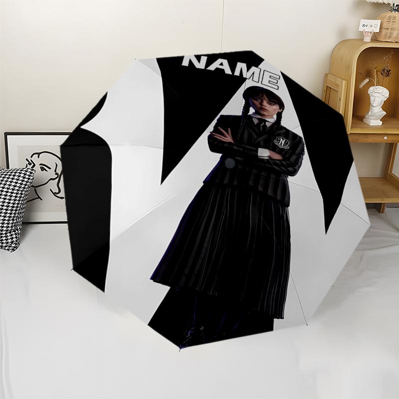 Custom Name Wednesday Theme Automatic Umbrella, Lightweight & Portable, 8 Rib, Perfect for Outdoor Travel, Birthdays, Christmas, Gifts.