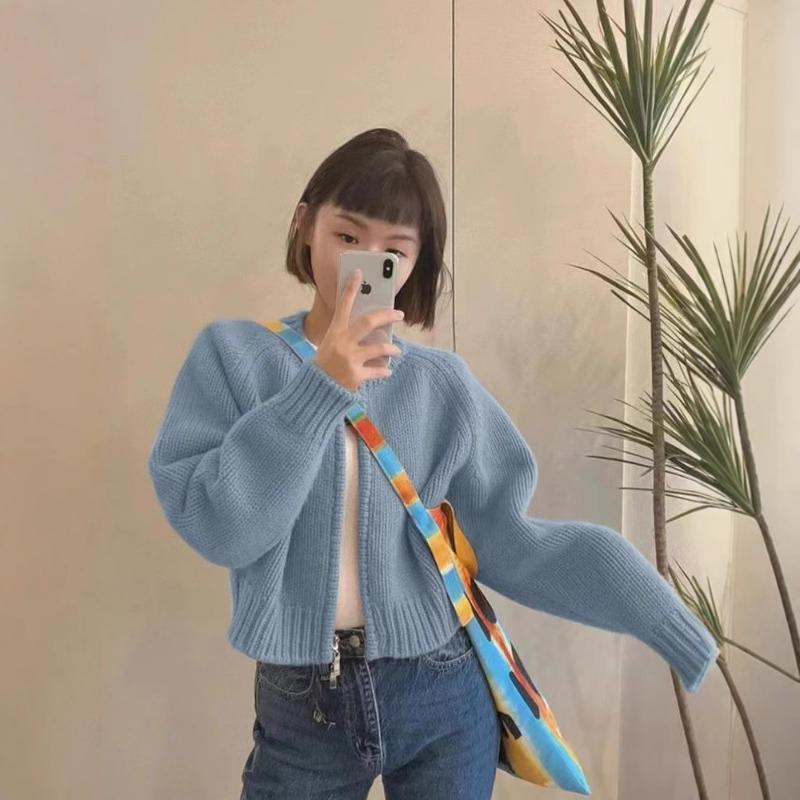 

New Autumn and Winter Loose Gray Short Sweater Jacket Women s Thickened Zipper Long-sleeved Knitted Cardigan onesize світло-синій колір